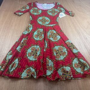 LuLaRoe Nicole Dress XS Red Geometric Floral Print Fit Flare NWT